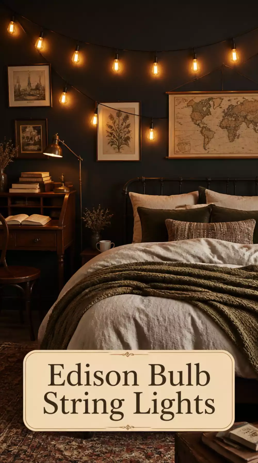 Bedroom Edison Bulb String Lights Hung Along a Deep-Toned Accent Wall