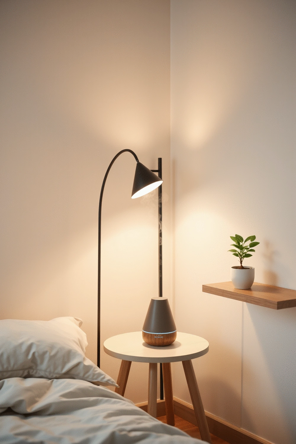 A bedroom corner with soft, ambient lighting, an aromatherapy diffuser emitting a gentle mist, and a small potted plant on a minimalist shelf.