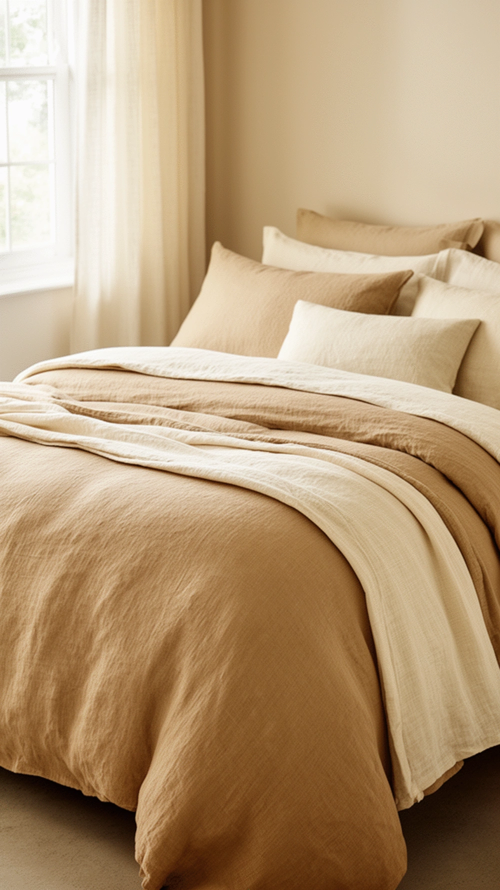 Bedroom Layered Linen Bedding in Sandy Beige and Warm Cream Tones