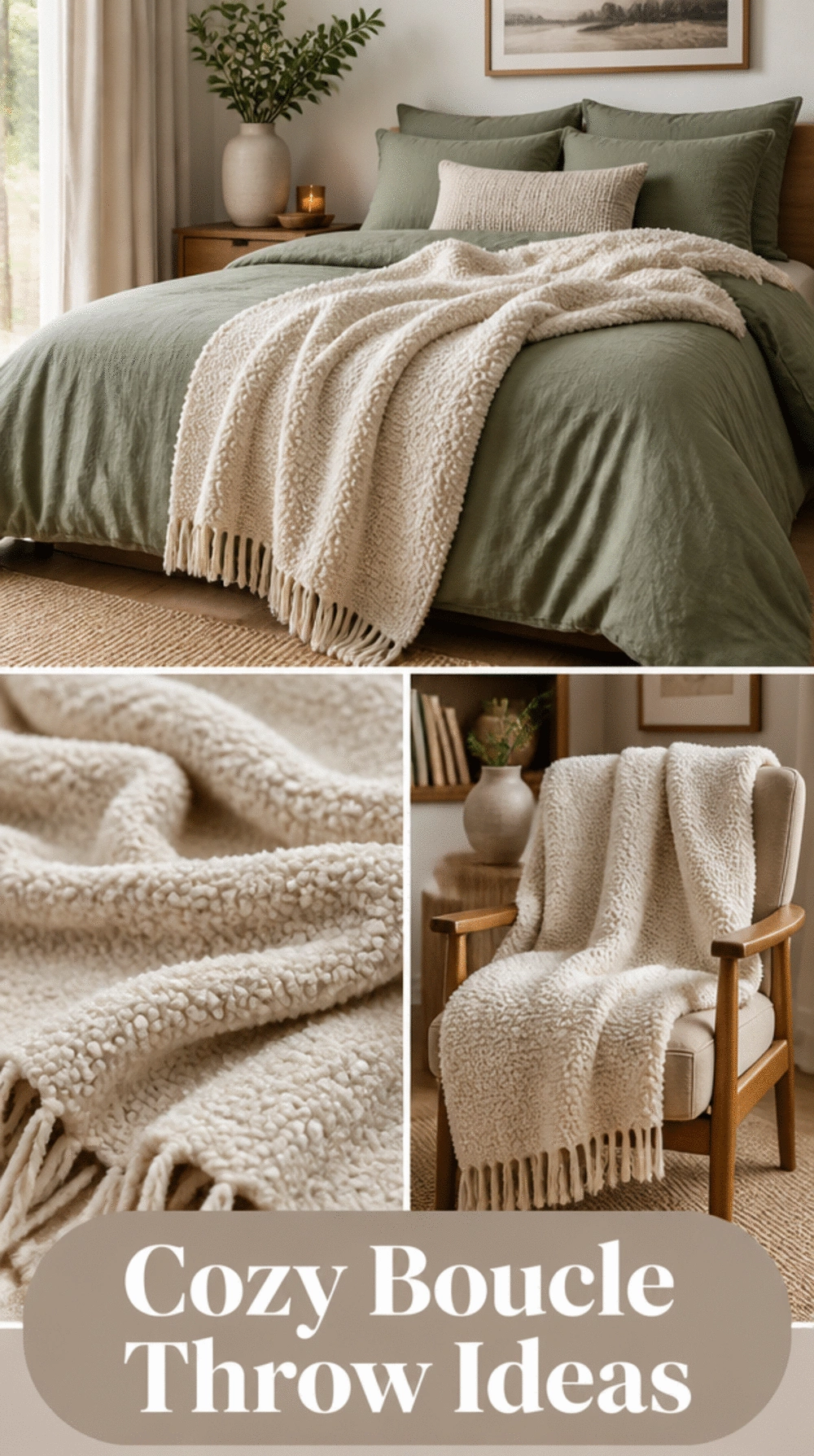 Bedroom Ivory Boucle Throw That Contrasts Perfectly with Sage Walls