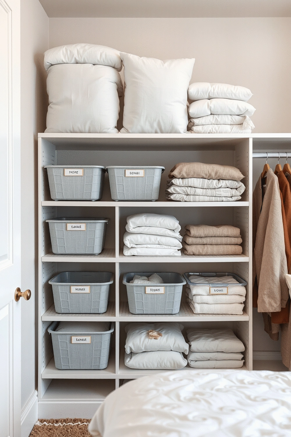 A neatly organized closet shelf with labeled storage bins and folded bedding, illustrating effective storage solutions in a serene bedroom environment.