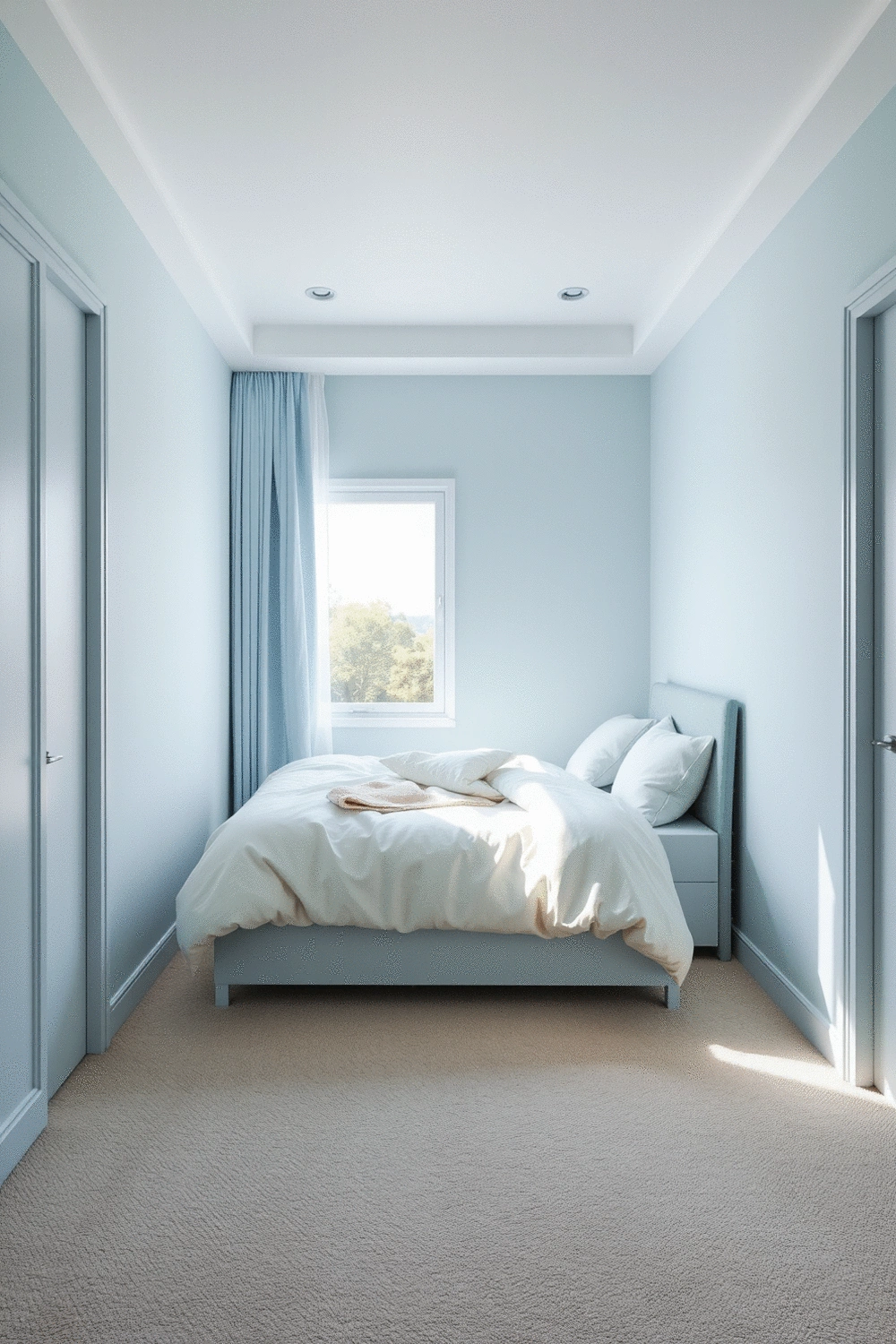 Bedroom interior with soft blue and green accents, natural light, and a serene atmosphere