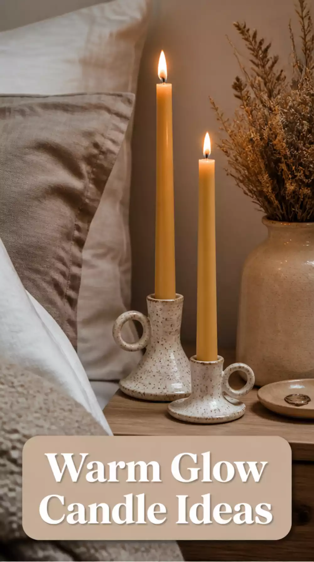 Bedroom Beeswax Taper Candle in a Ceramic Holder for a Warm Glow