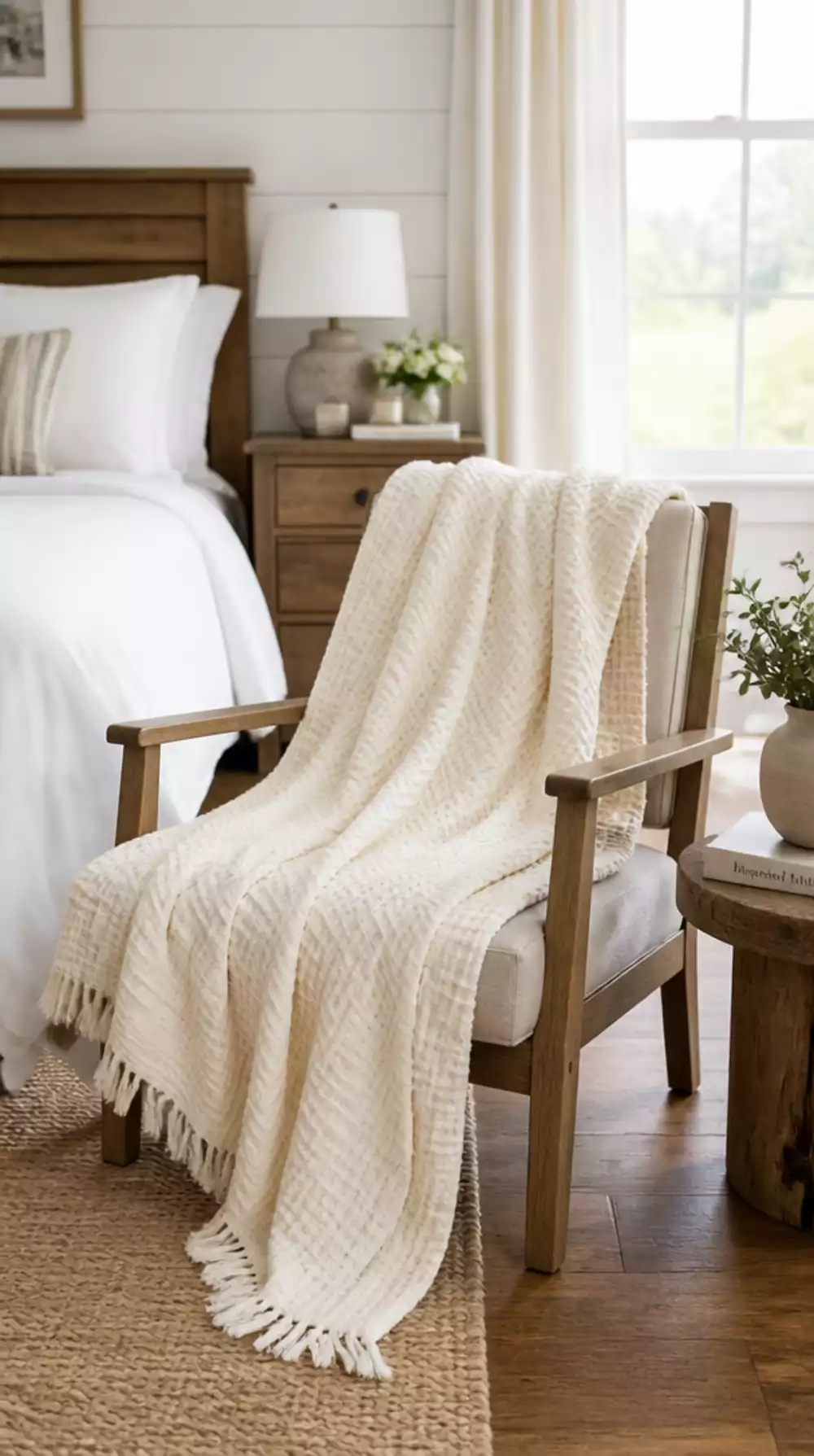 Farmhouse Bedroom Cotton Waffle Throw in Warm White Draped Over the Chair