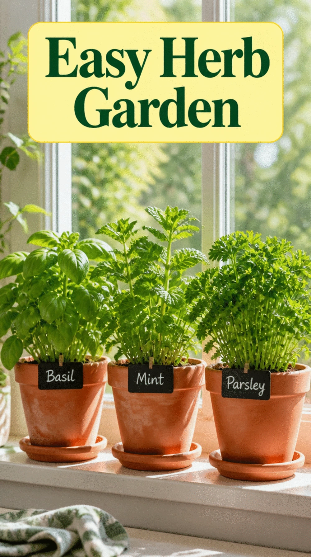Bedroom Window Sill Herb Garden in a Row of Matching Clay Pots