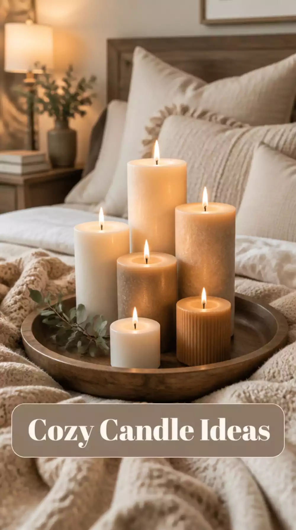 Bedroom Pillar Candle Cluster on a Wooden Tray for a Warm Styled Look