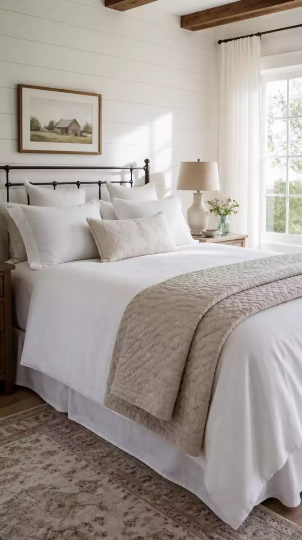 Bedroom White Linen Duvet with a Simple Quilt Folded at the Foot