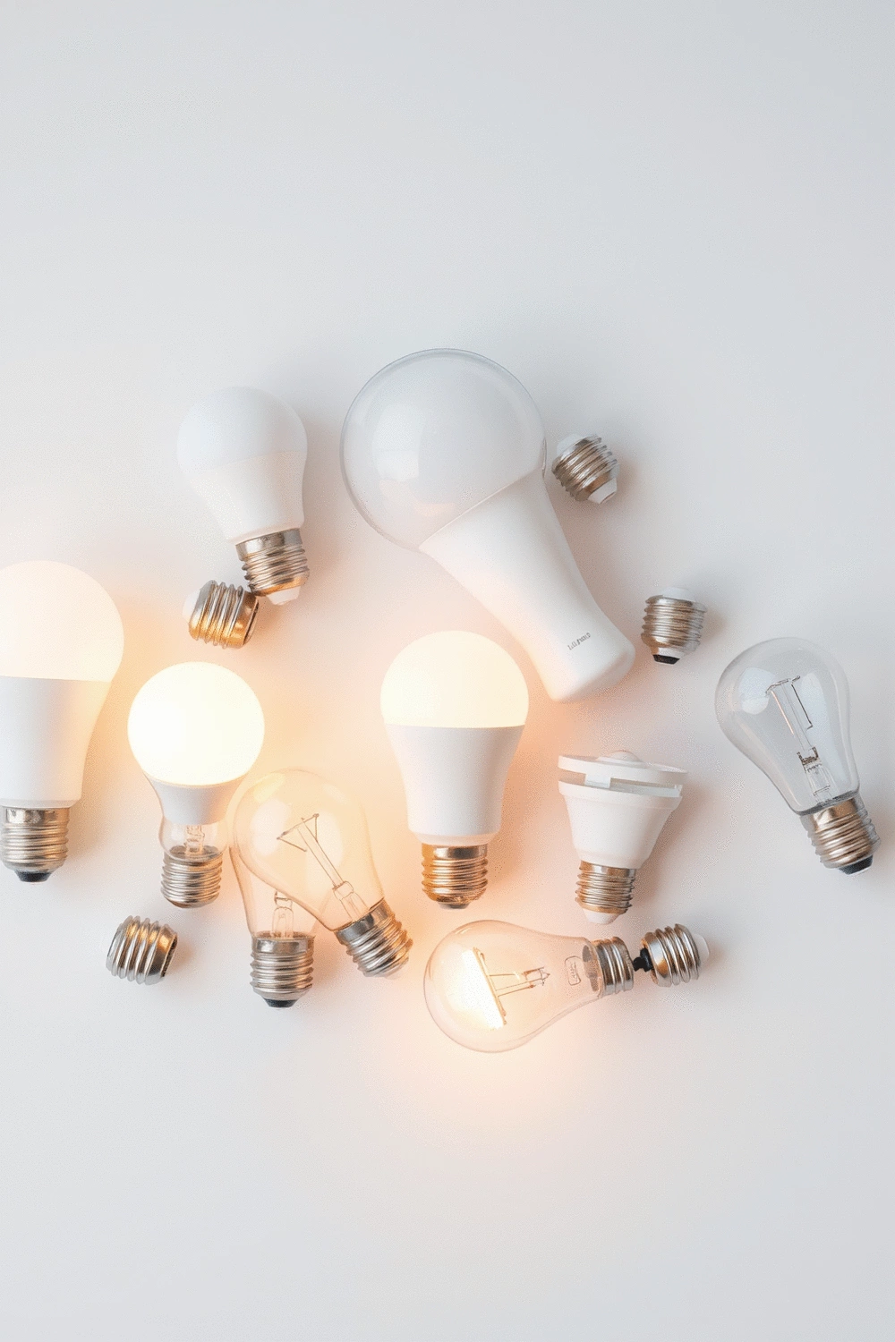 Flat lay of various light bulbs with different color temperatures and smart home features, illustrating options for blue-depleted and adjustable lighting solutions.