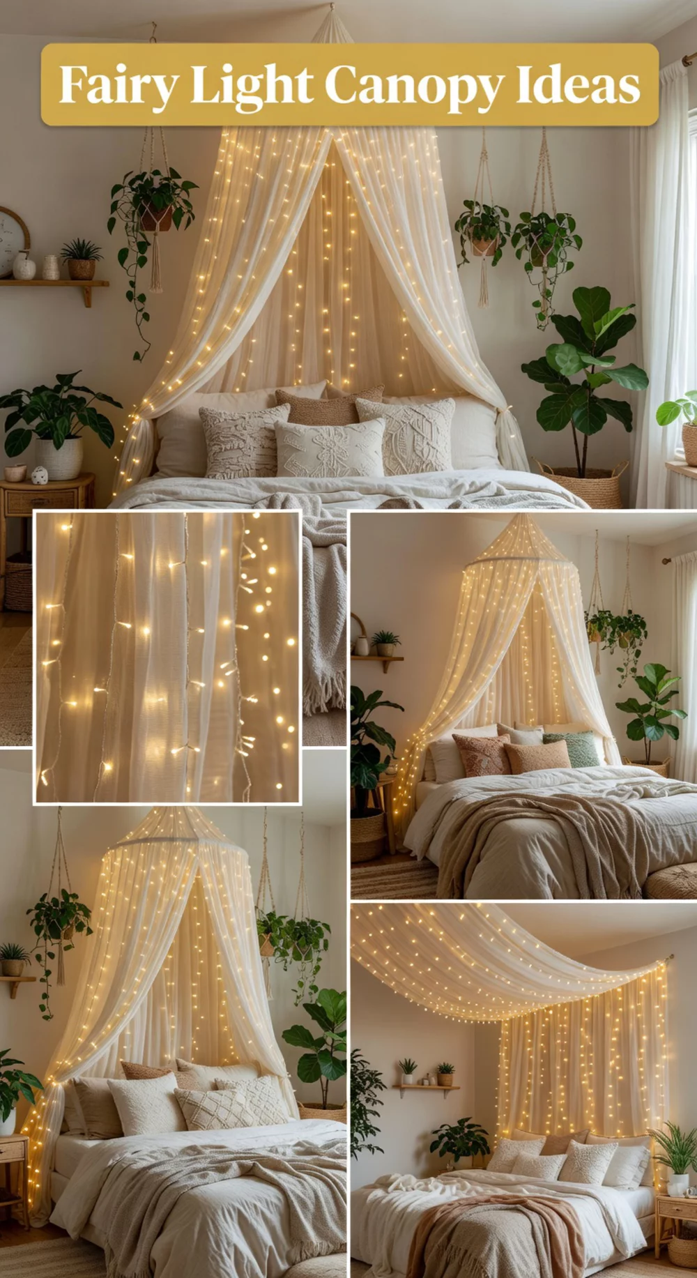 Boho Bedroom Fairy Light Canopy Draped Over a Sheer Hanging Above the Bed