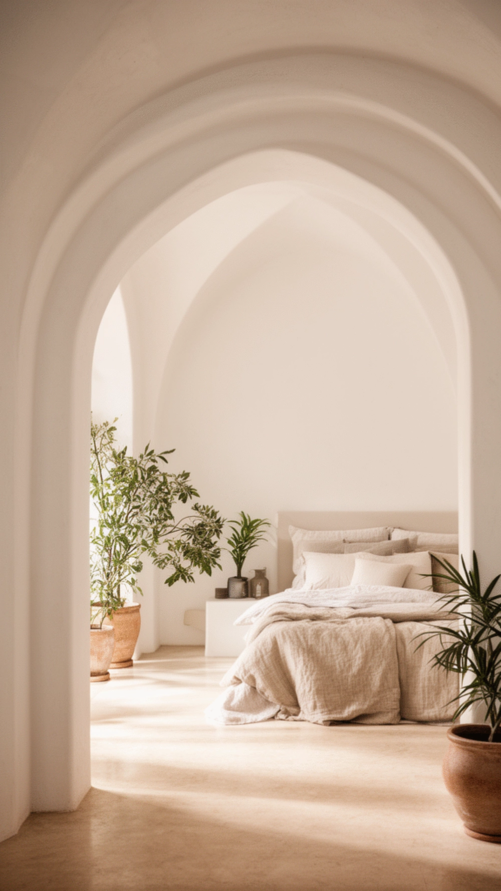 Mediterranean Bedroom Arched Doorway or Alcove in Warm White Plaster