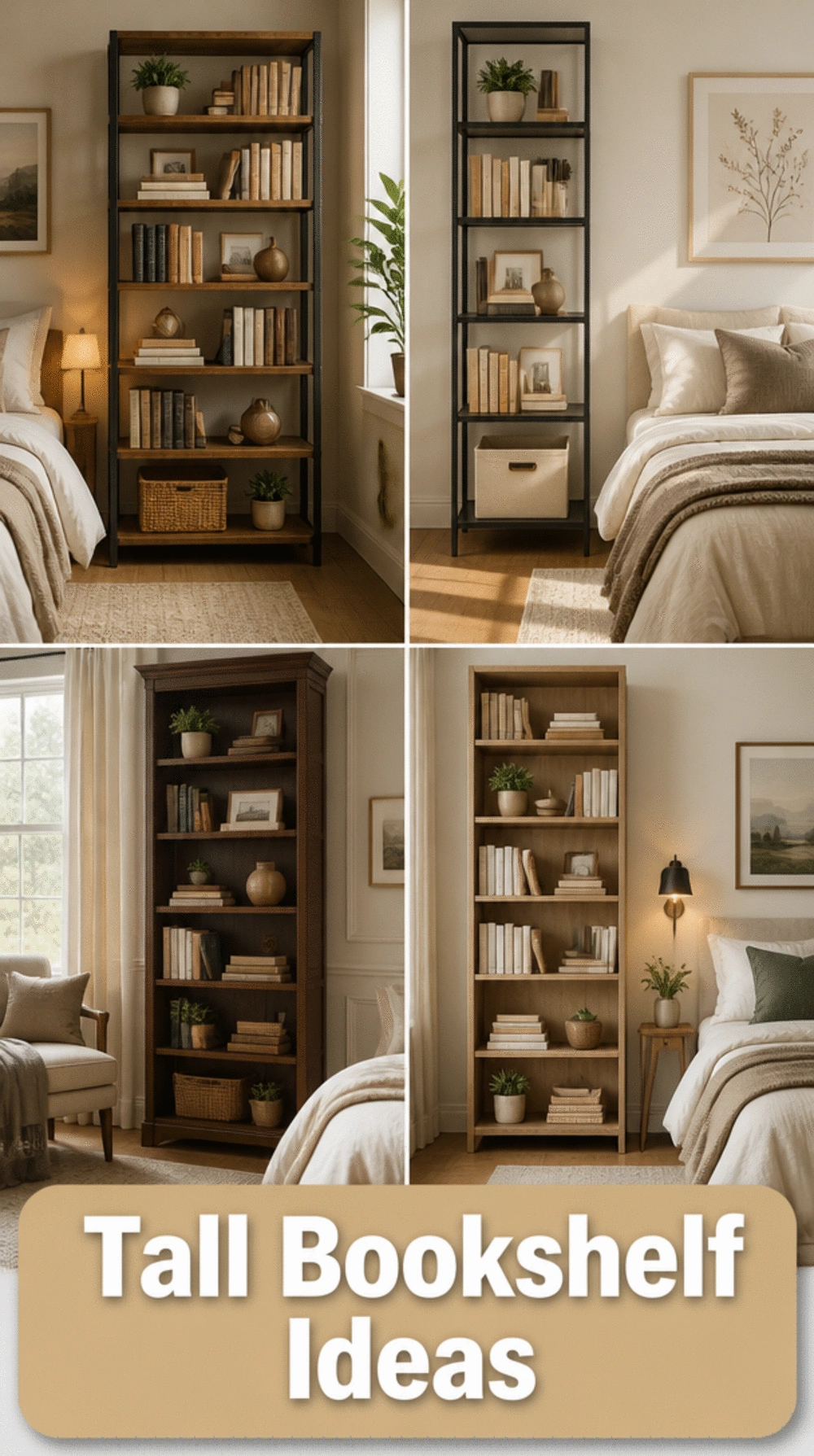 Large Bedroom Tall Bookshelf Unit That Uses the Full Height of a High Wall