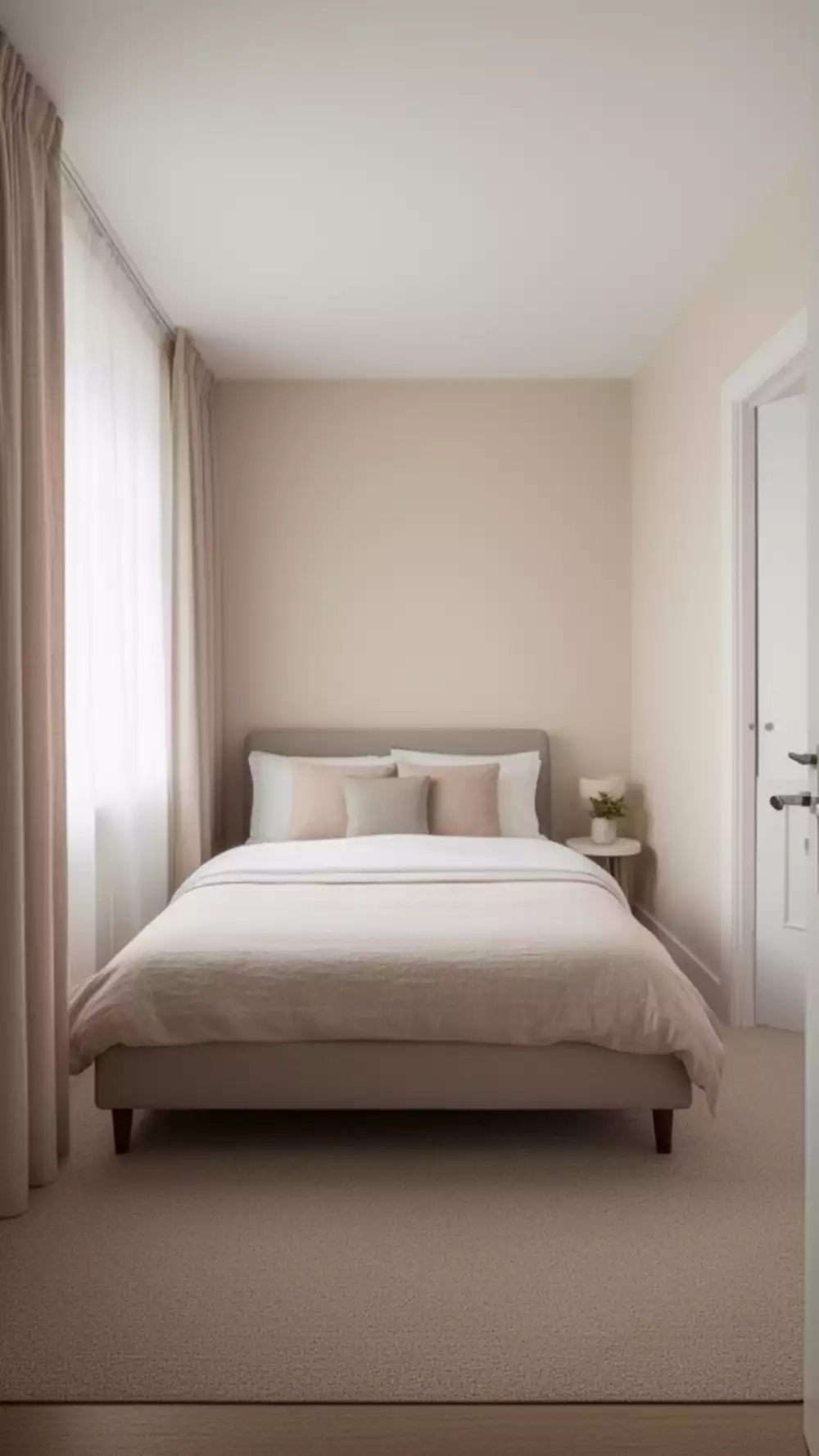 Small Bedroom Bed Placement Against the Wall That Opens Floor Space