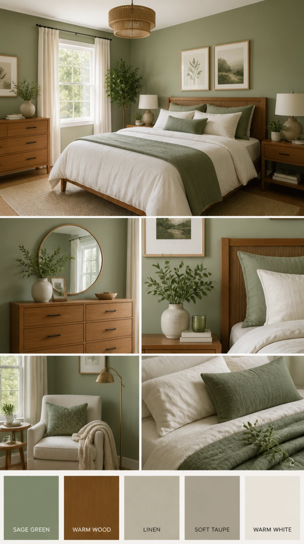 Sage Green Bedroom Wall Paint That Pairs with Warm Wooden Furniture