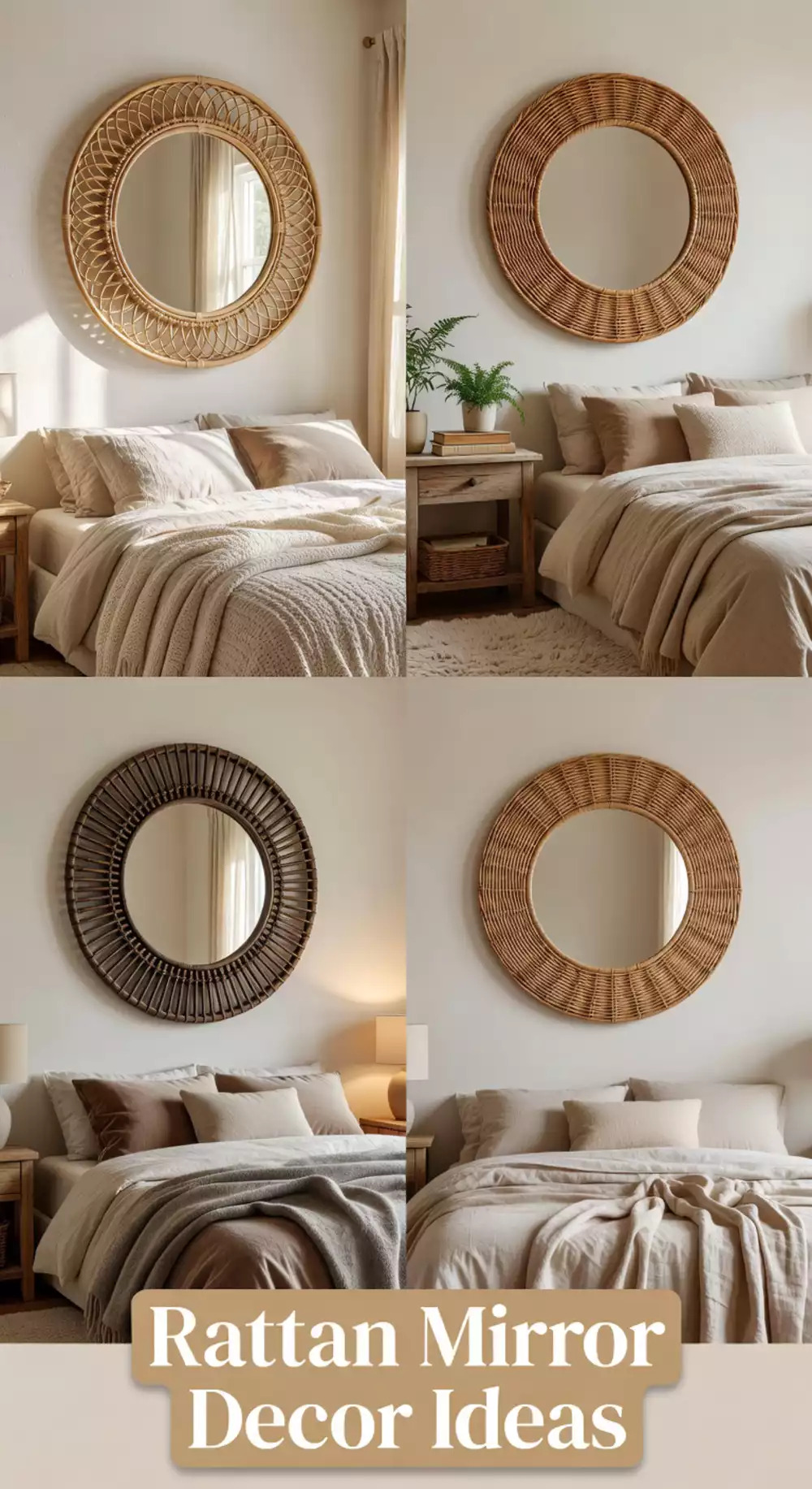 Bedroom Rattan Round Mirror That Adds Texture to a Plain Neutral Wall