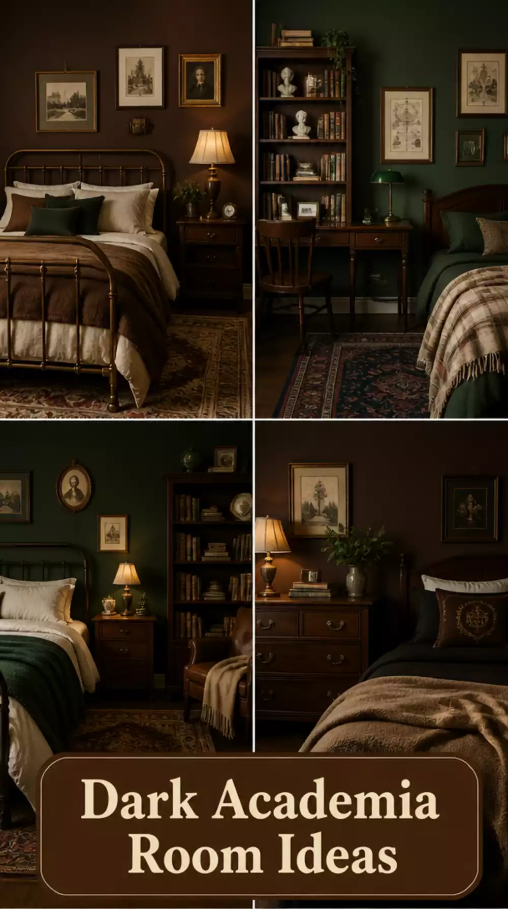 Dark Academia Bedroom Deep Brown or Forest Green Wall Paint Behind the Bed