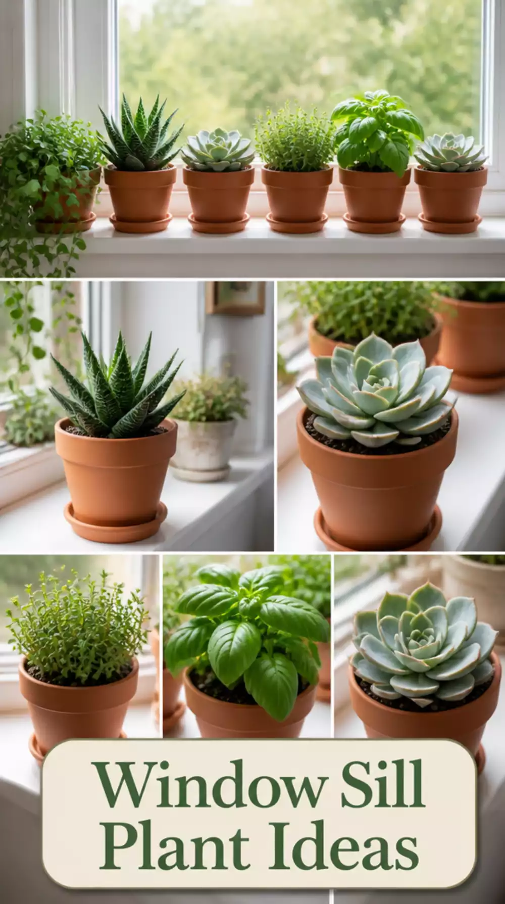 Small Bedroom Window Sill Plant Row in Matching Terracotta Pots