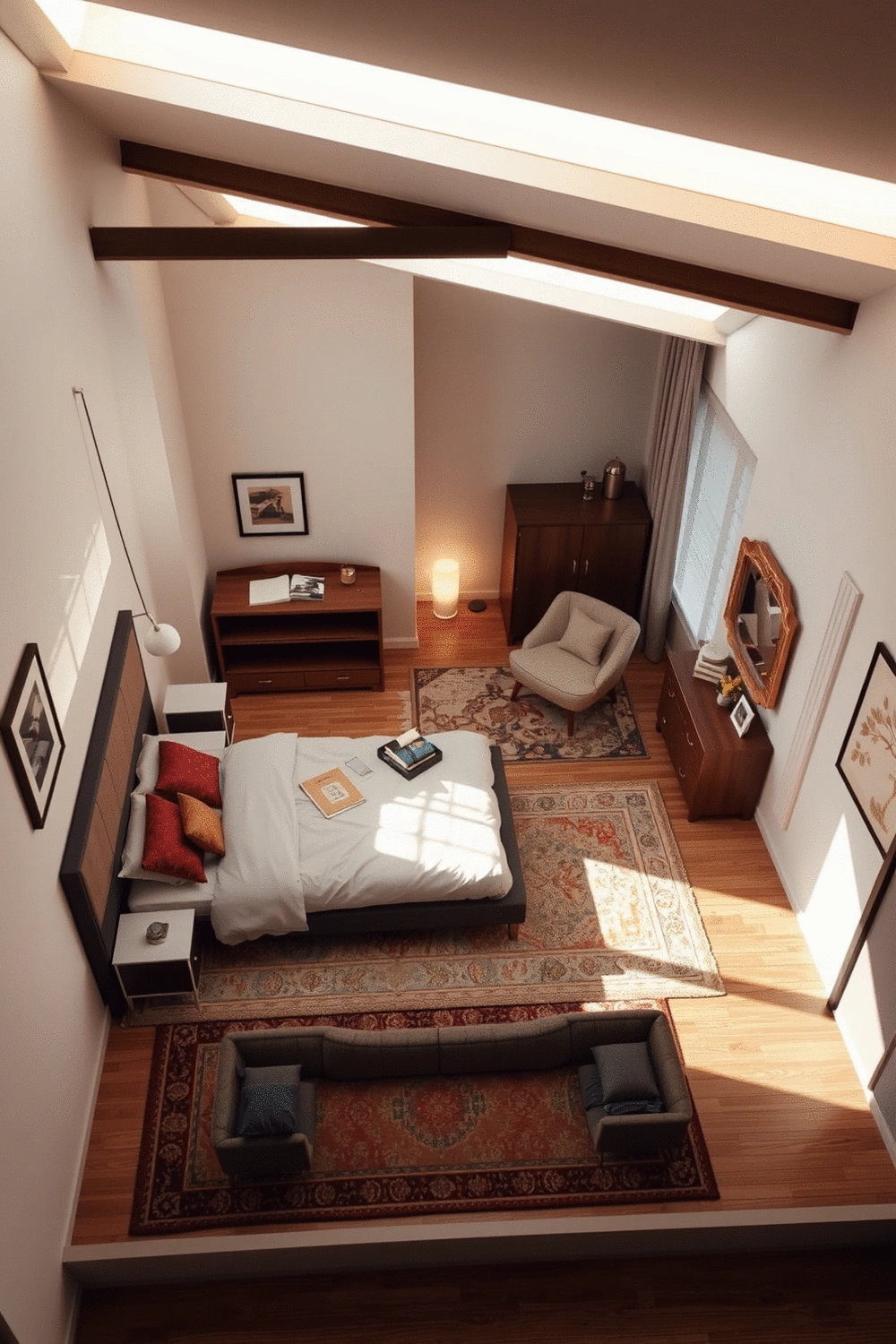 A well-organized bedroom layout with a bed positioned strategically, a cozy reading nook in the corner, and functional furniture, showcasing enhanced comfort and space utilization.