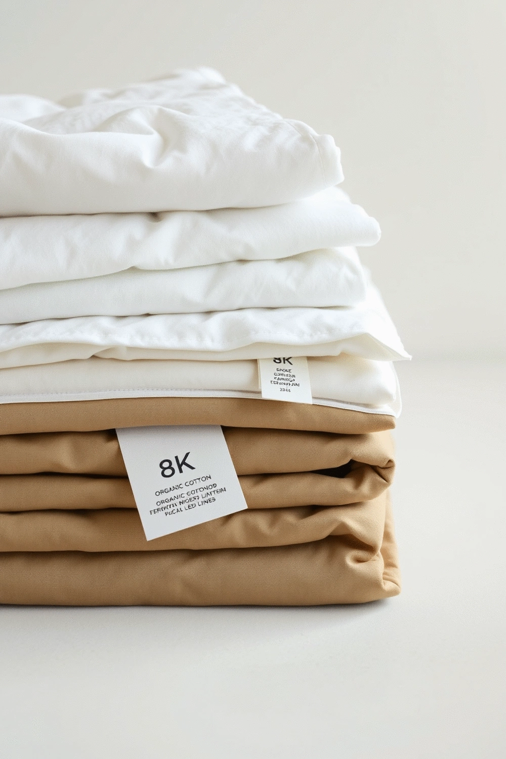 A stack of neatly folded organic cotton and bamboo bed linens with certification tags visible, on a clean, light-colored surface, emphasizing natural textures and colors.