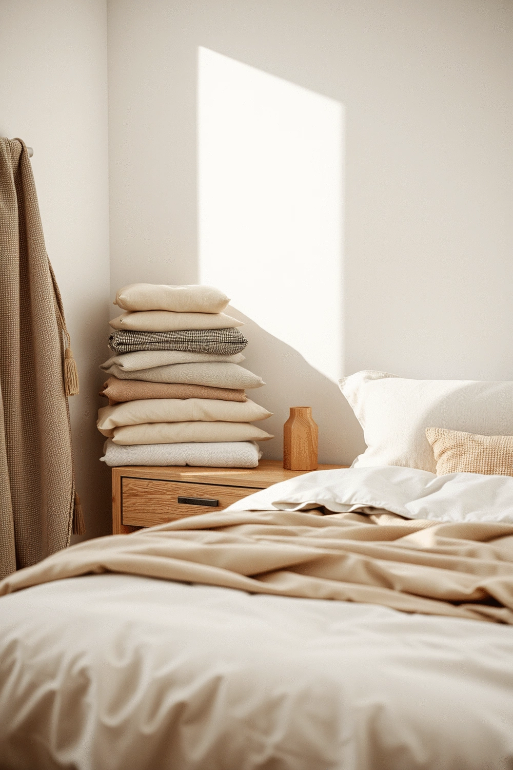 Elegant and organized bedroom interior with a focus on layered natural textiles, a wooden nightstand, and soft accent lighting, creating a comforting atmosphere.