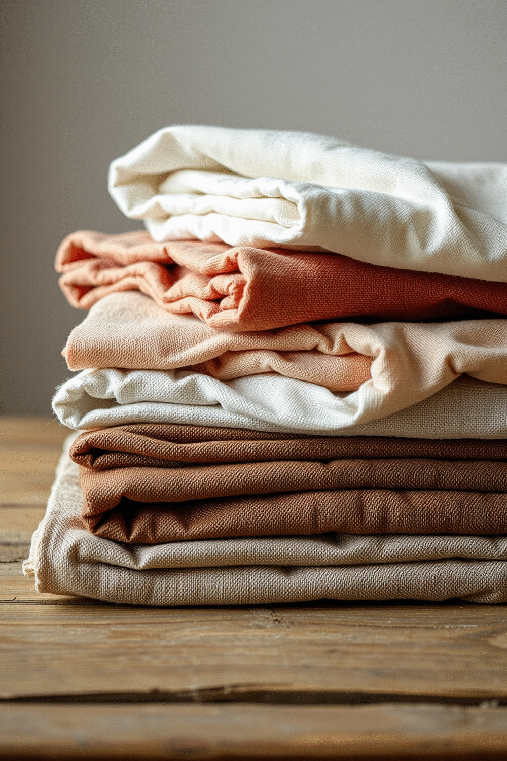 A stack of luxurious linen, velvet, and wool textiles folded neatly on a wooden surface, showcasing their distinct textures and rich colors.