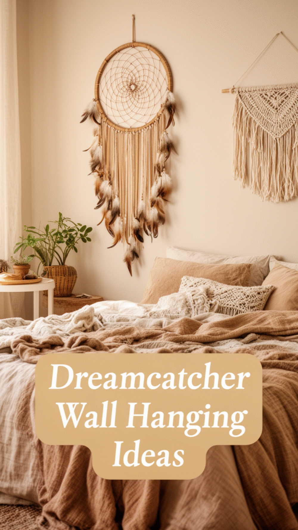 Bedroom Dreamcatcher Wall Hanging in Natural Feathers and Woven Cord