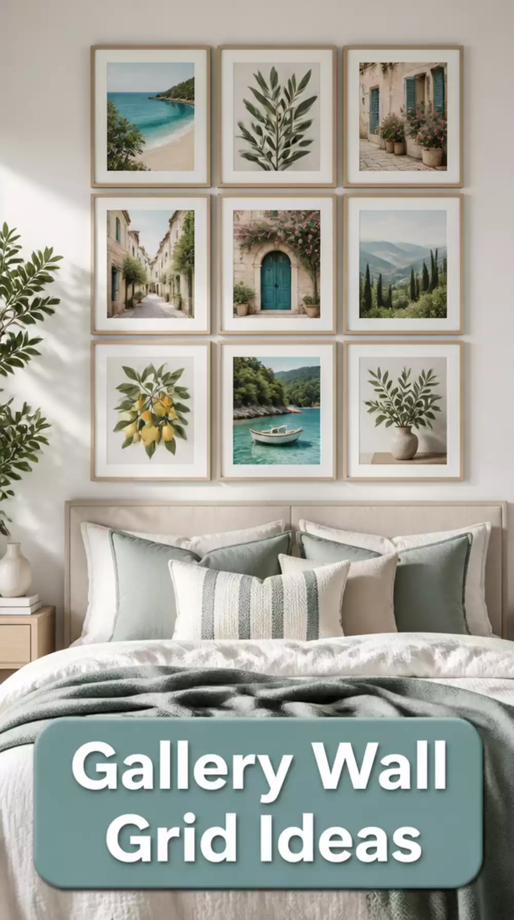 Bedroom Gallery Wall Arranged in a Tight Grid Pattern Above the Bed