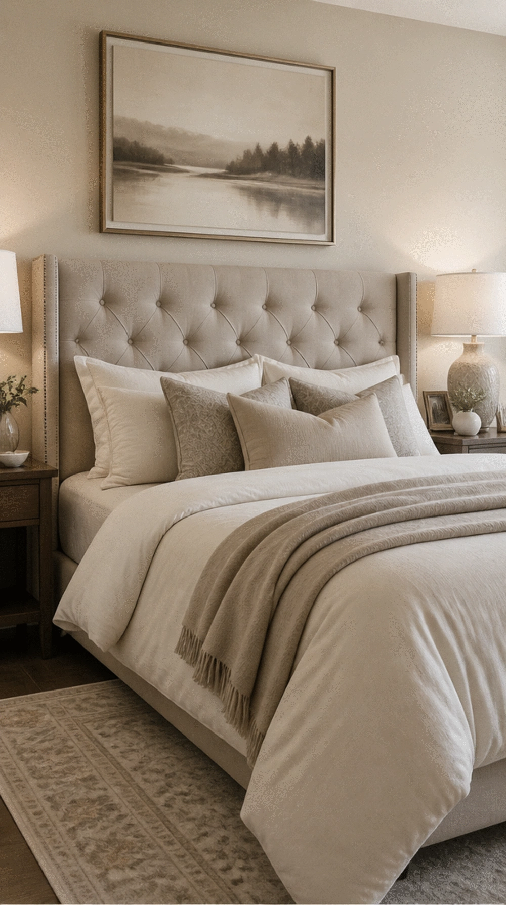 Bedroom Upholstered Headboard in Soft Oatmeal Linen That Fills the Wall