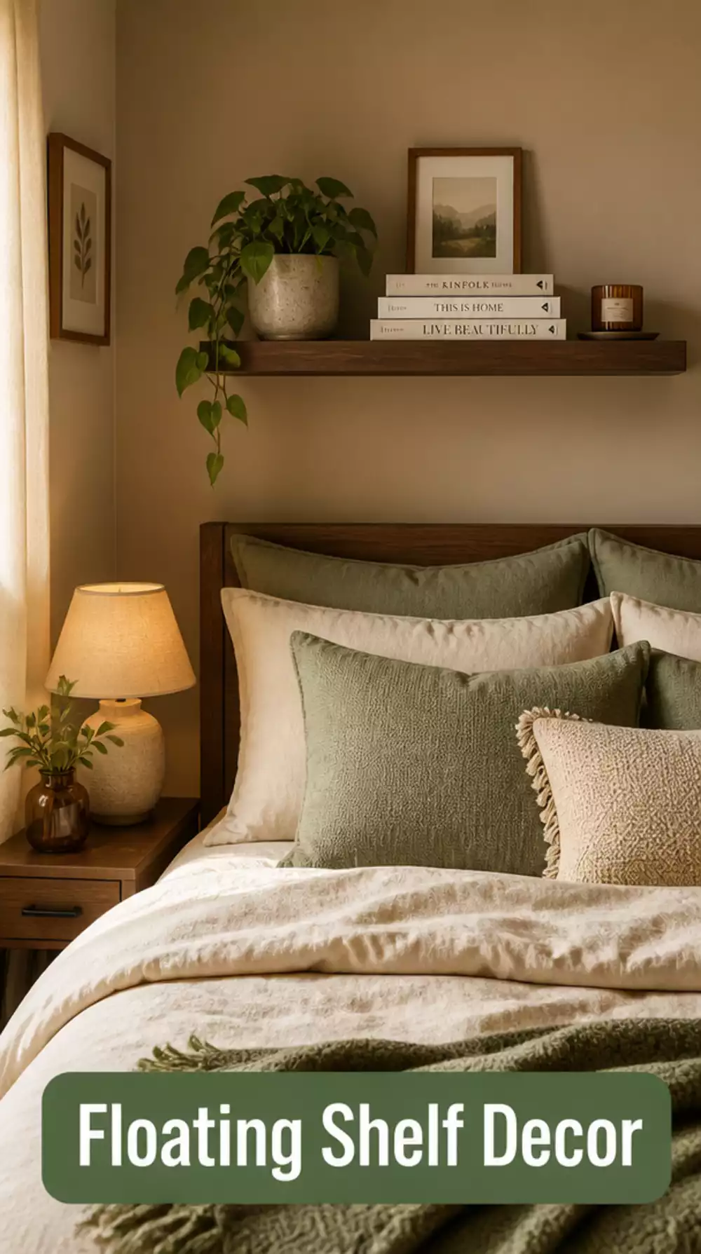 Styled floating shelf with books and a small plant