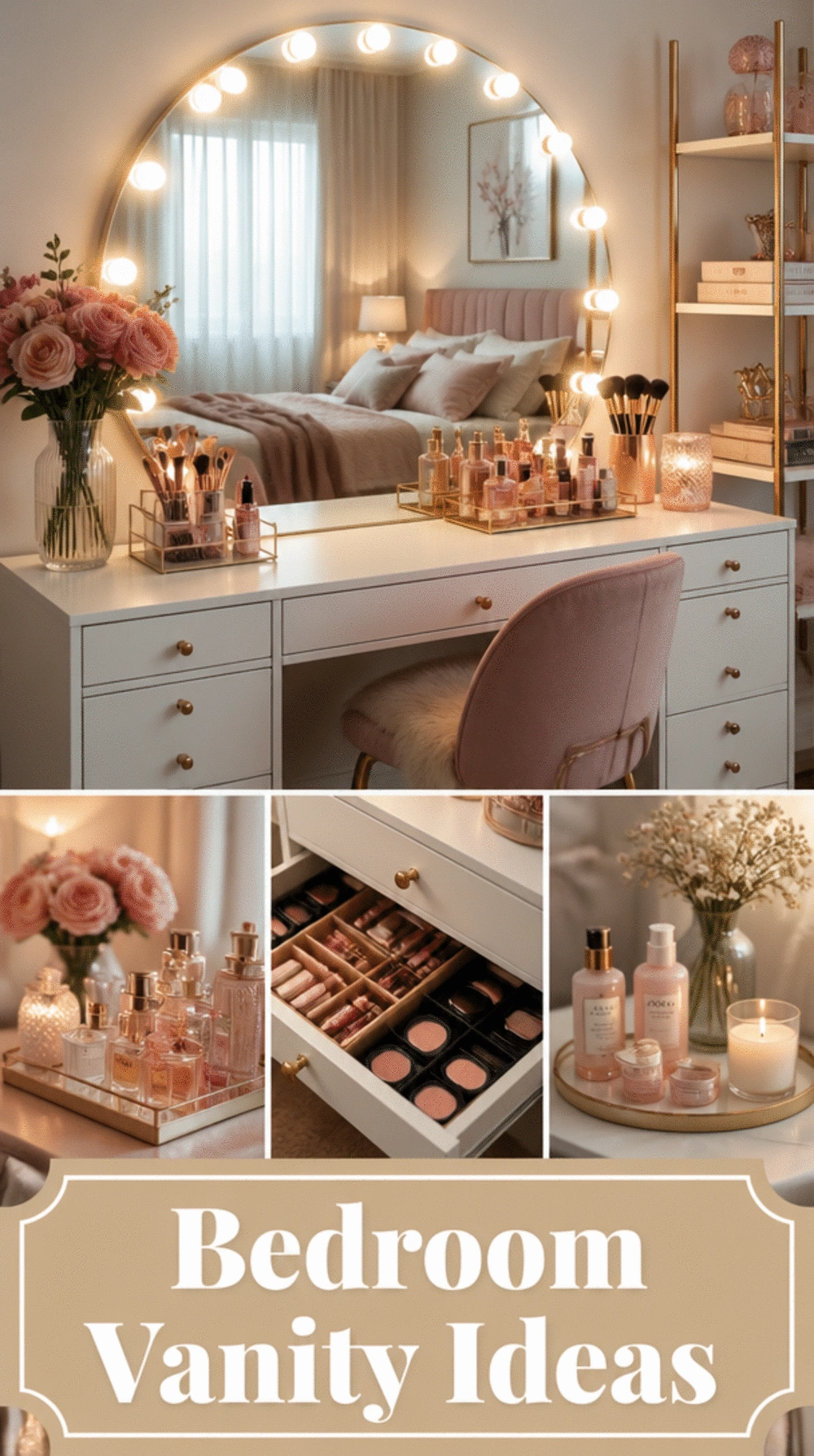 Bedroom Vanity Table with a Large Round Mirror and Warm Bulb Lighting