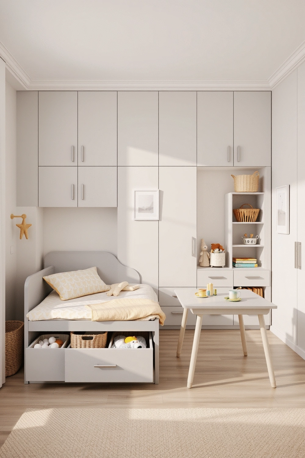 A child's bedroom featuring versatile, modular furniture, including a bed with built-in storage drawers and a convertible desk/play table. The room has a calm color palette of light grey and soft yellow, with neatly organized toys in woven baskets.