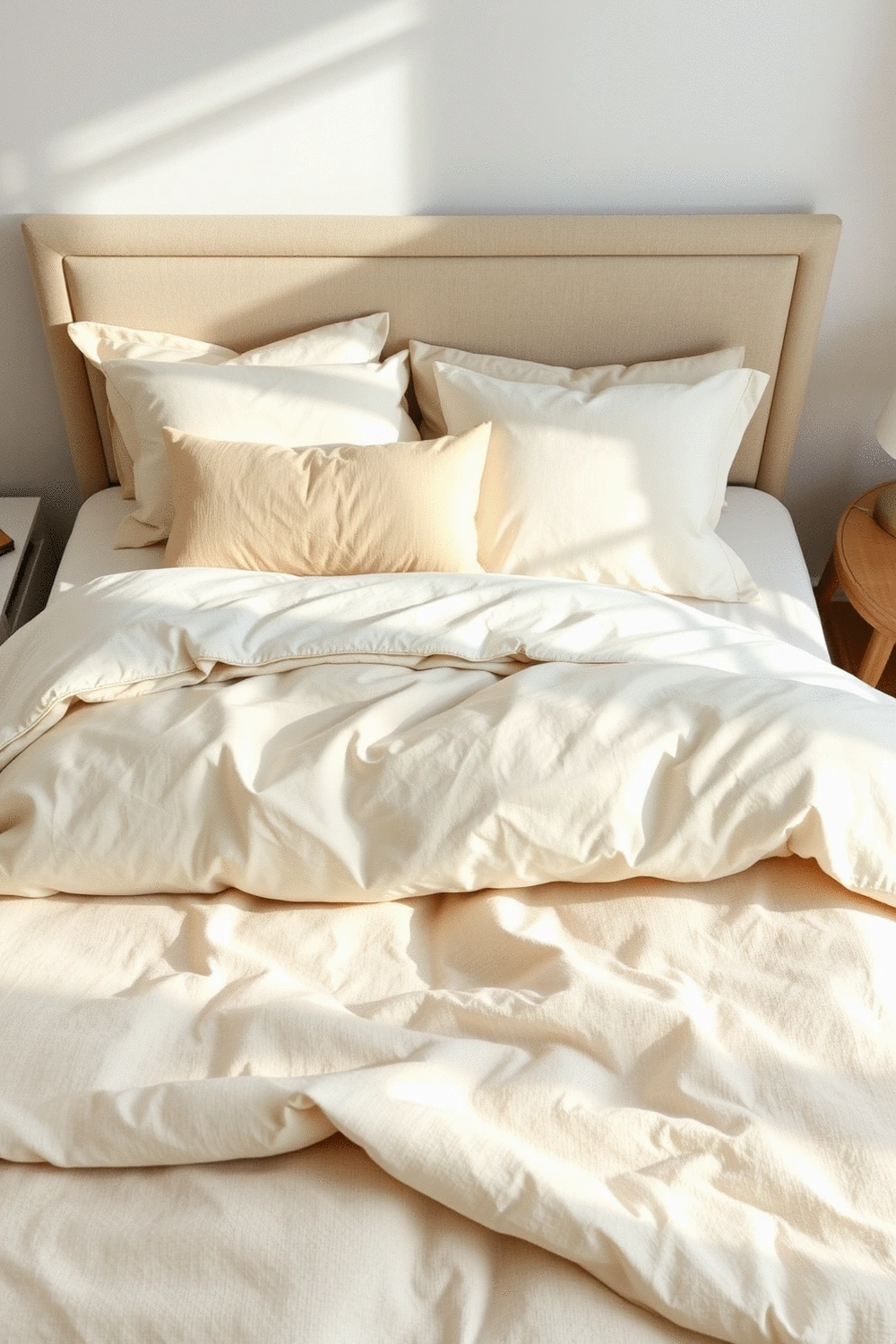 A neatly made bed with layered seasonal bedding, featuring a light duvet and decorative pillows in soft, natural colors, bathed in gentle morning light.