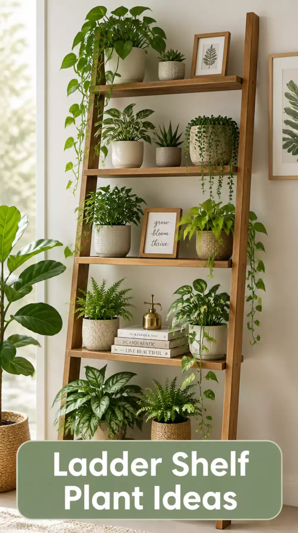 Bedroom Wooden Ladder Shelf That Displays Plants on Every Rung