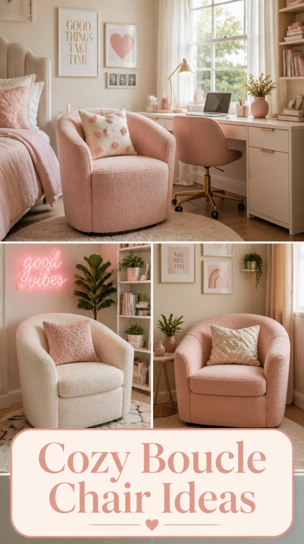 Teen Girl Bedroom Boucle Accent Chair in Blush or Warm Ivory