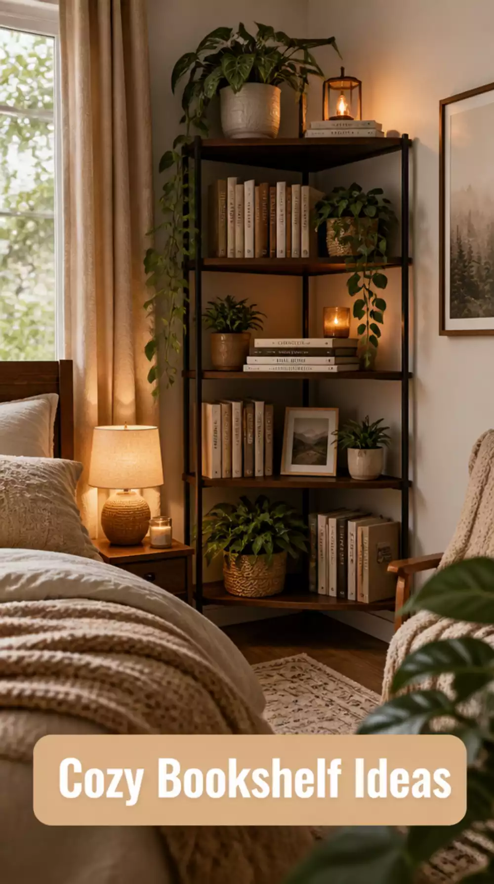 Bedroom Bookshelf Corner Styled with Plants and Warm Lighting