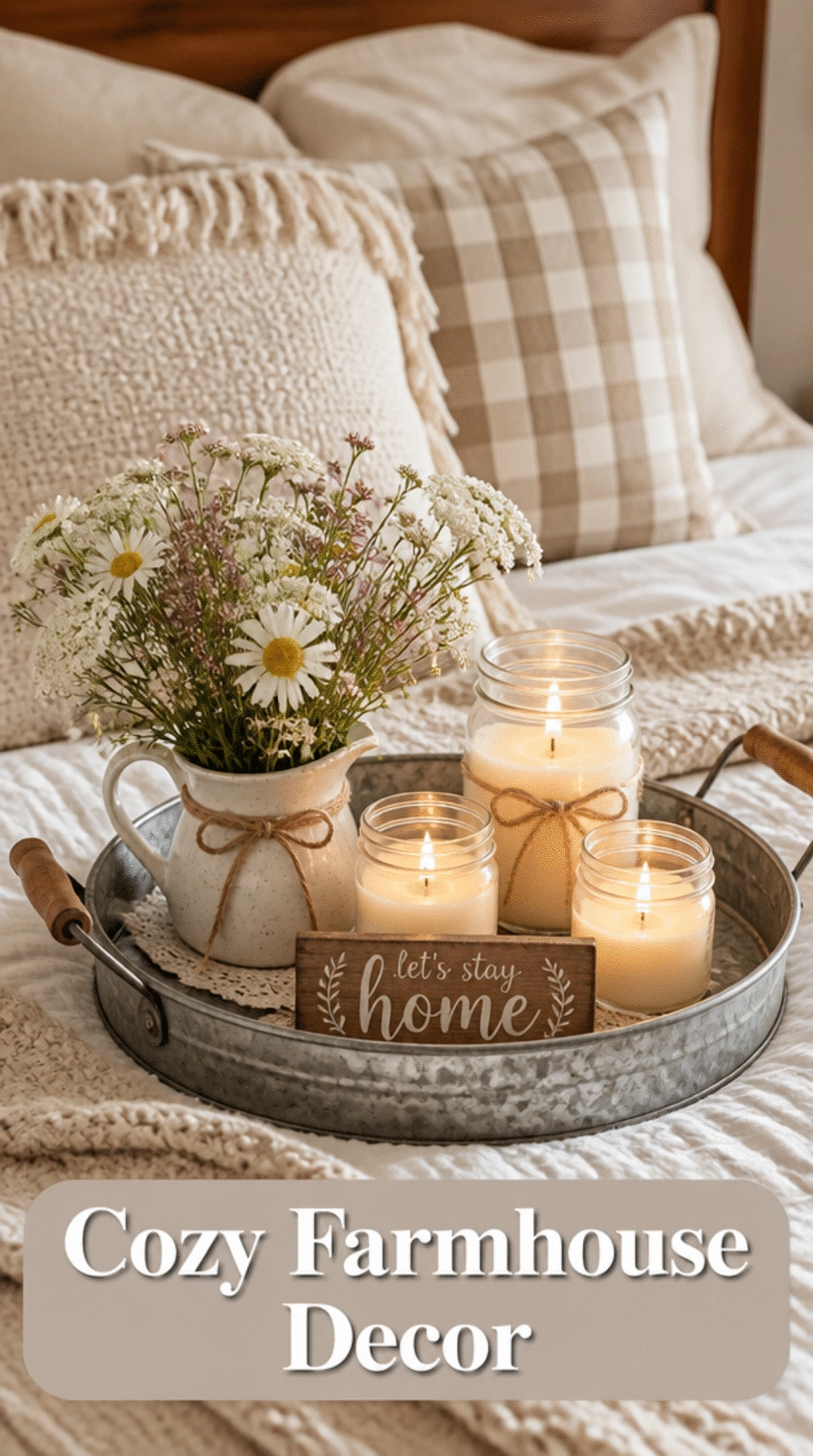 Bedroom Galvanized Metal Tray Styled with Candles and Small Wildflowers