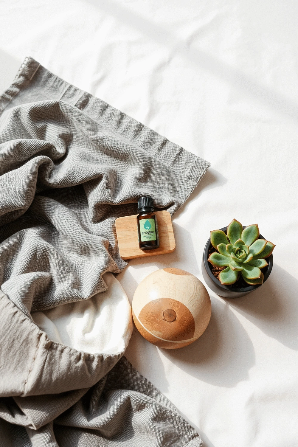 Flat lay of various eco-friendly bedroom decor elements: organic cotton swatch, small reclaimed wood block, essential oil diffuser, and a potted succulent.