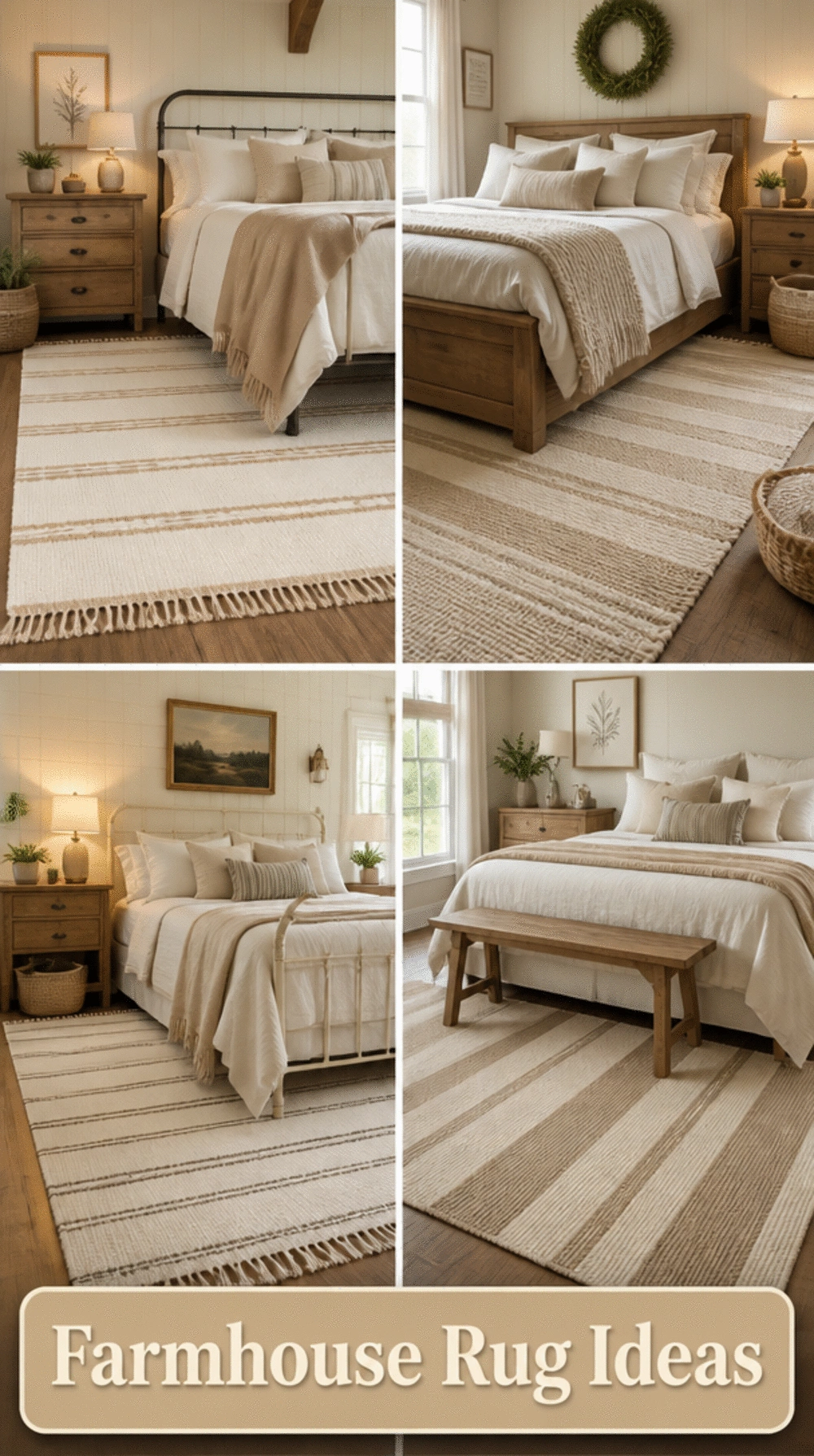 Farmhouse Bedroom Woven Cotton Rug in Warm Ivory and Natural Stripe