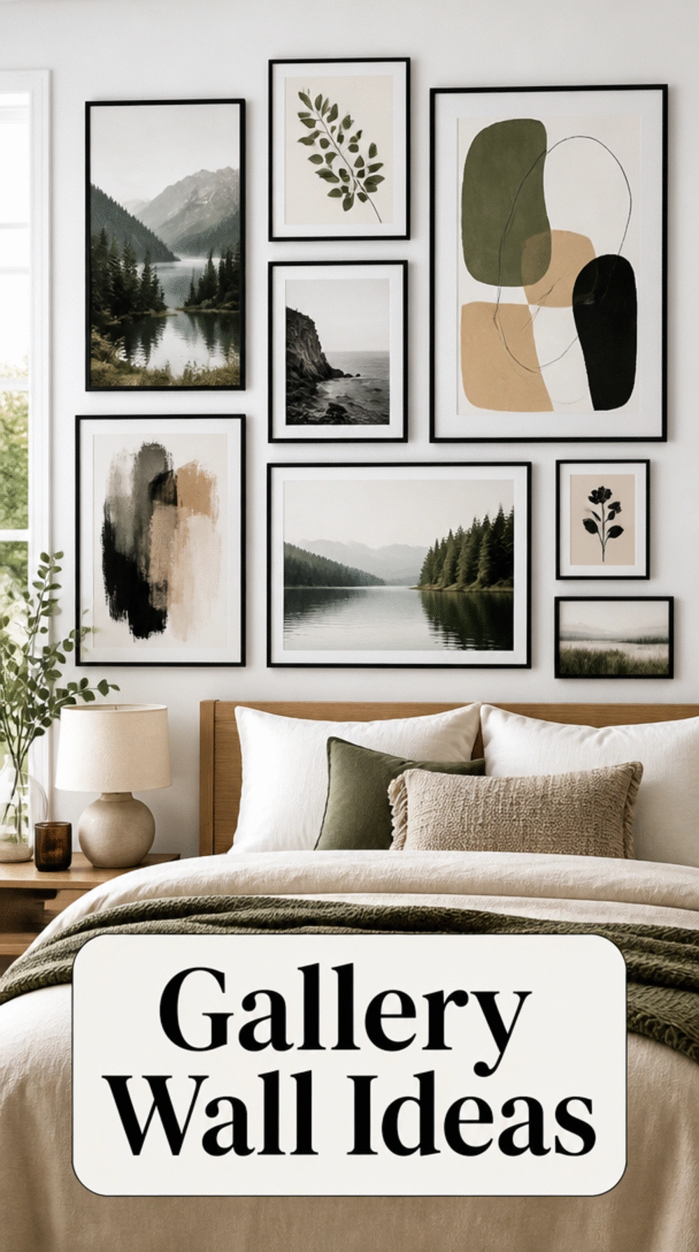 Modern Bedroom Gallery Wall in Black Frames on a White Wall