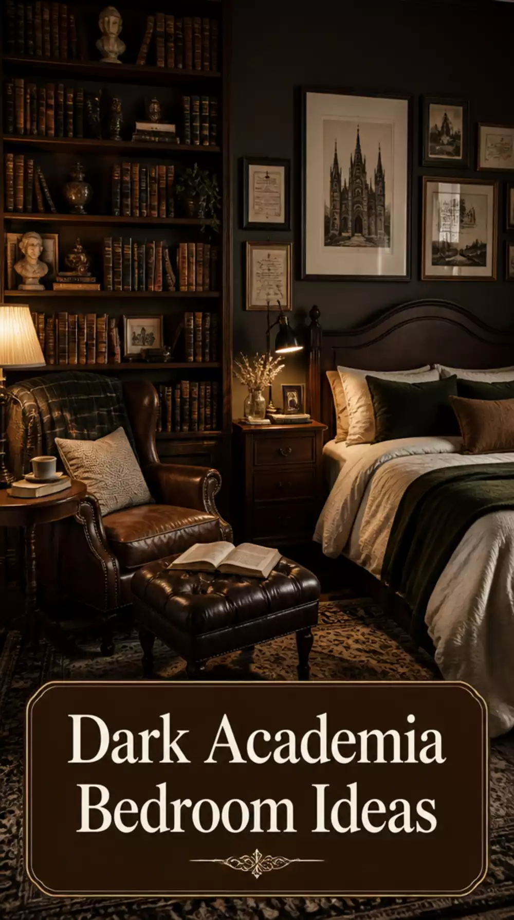 Dark Academia Bedroom Deep Wooden Bookshelf Covering an Entire Wall