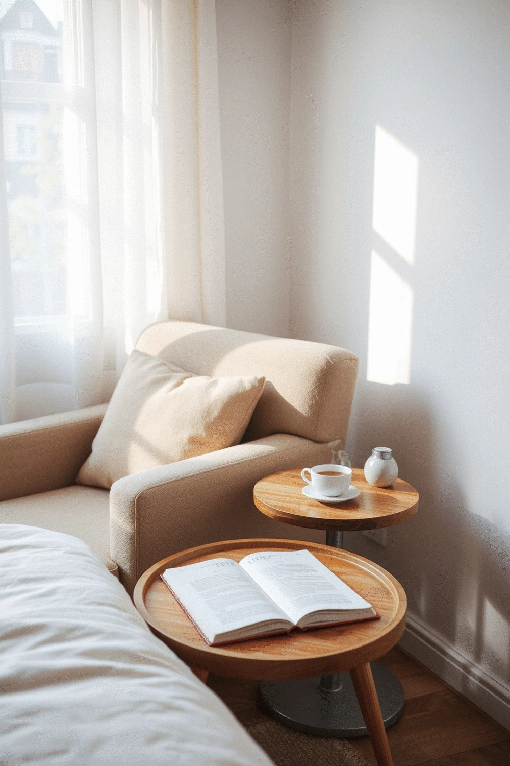 A serene and calm bedroom corner with a comfortable armchair, a small side table holding a cup of herbal tea, and diffused natural light, evoking a sense of mindfulness and relaxation.