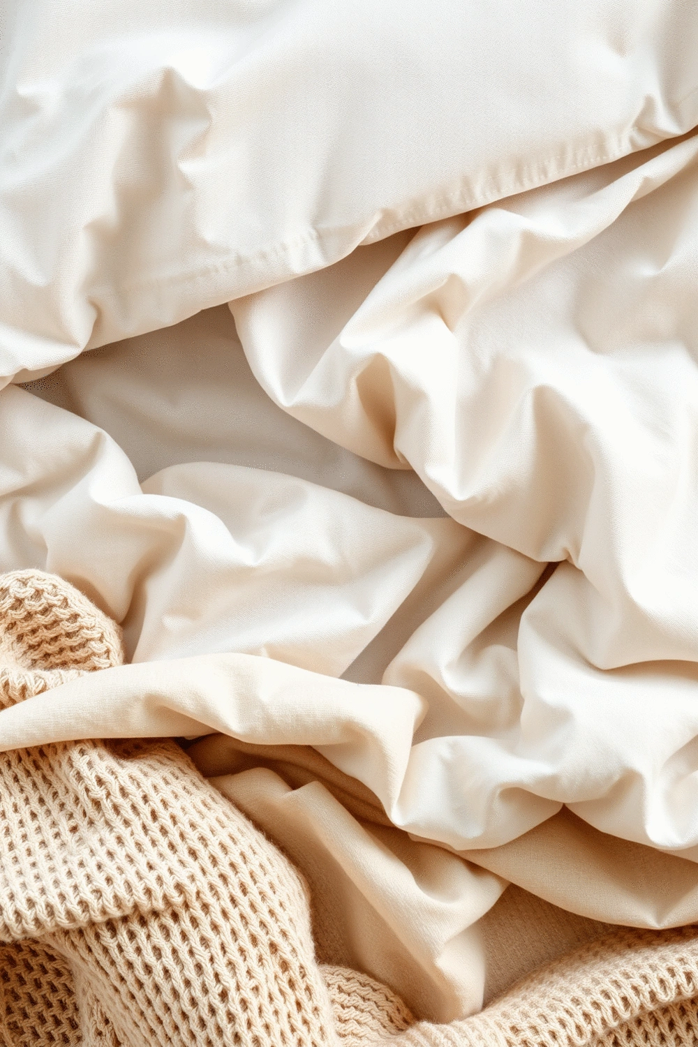 Close-up flat lay of various bedding fabrics and textures, including cotton sheets, a linen duvet cover, and a knitted blanket. The arrangement highlights different material properties like breathability and warmth, with soft natural light.