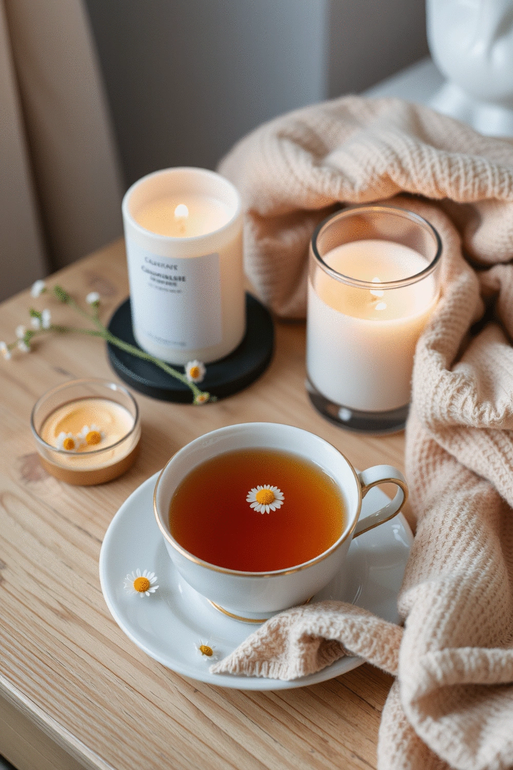 Chamomile tea in a delicate cup on a wooden nightstand with a calming candle and a soft blanket