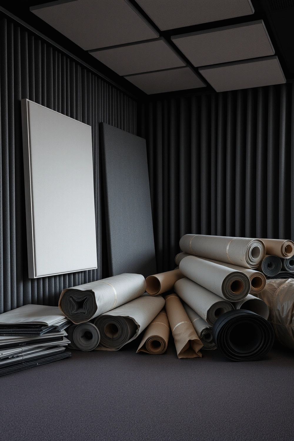 Various soundproofing materials, including acoustic panels, thick soundproof curtains, and rolls of mass-loaded vinyl, arranged neatly in a studio setting.