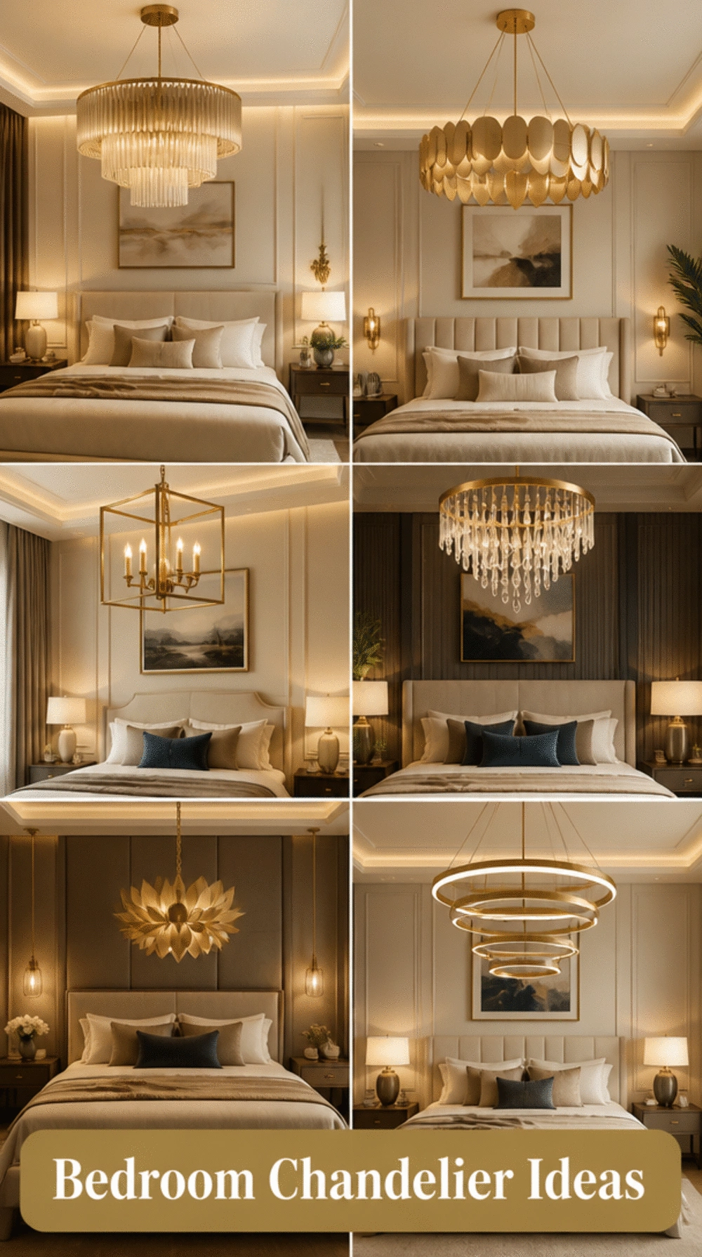Bedroom Statement Pendant Chandelier in Brushed Gold Above the Bed