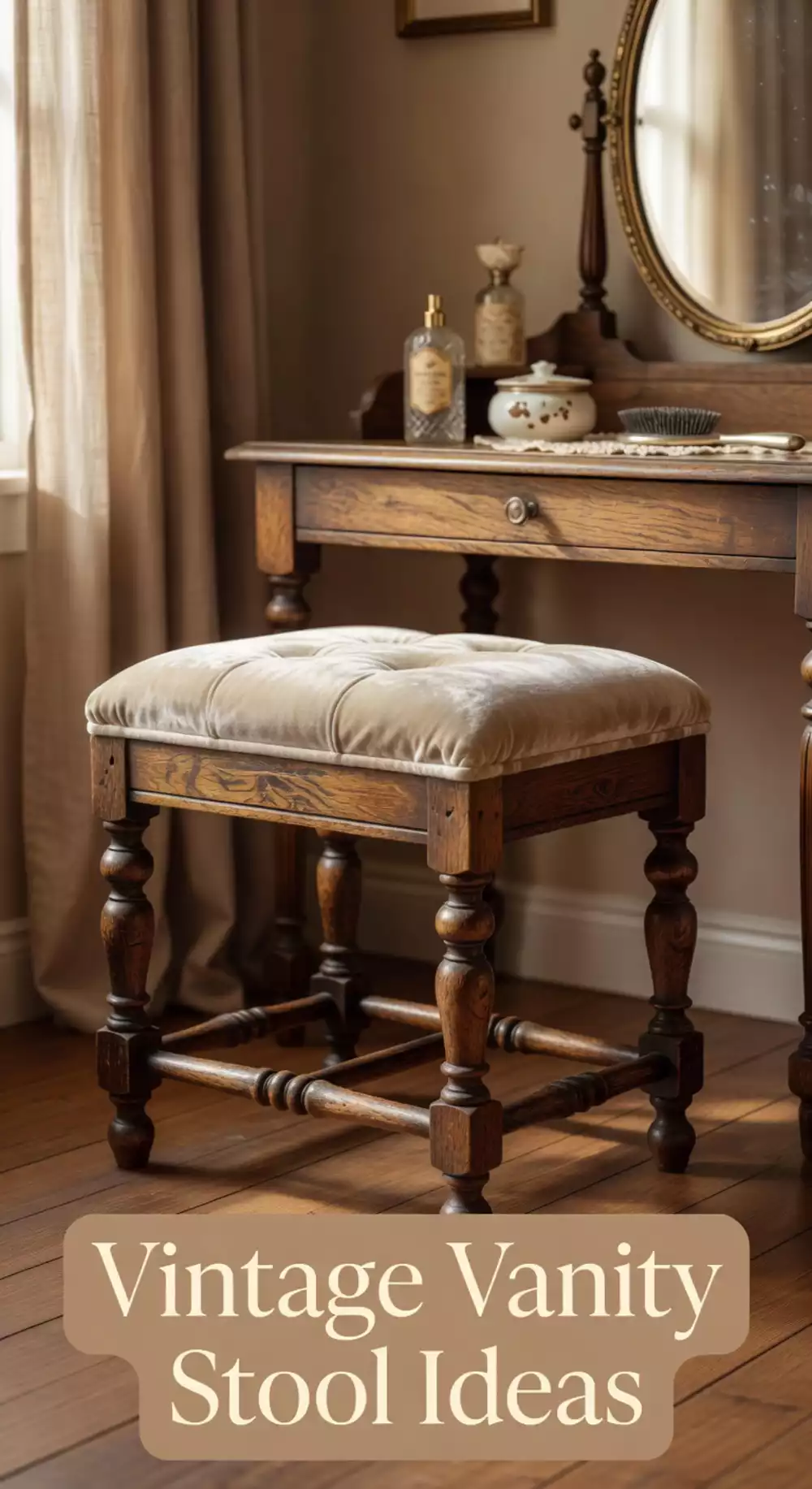 Vintage Bedroom Wooden Vanity Stool with Turned Legs and Padded Seat