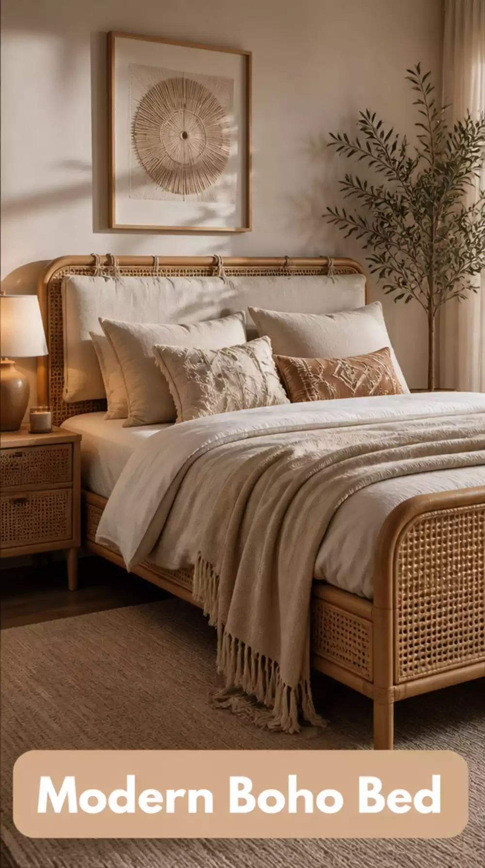 Rattan Bed Frame with Linen Headboard for Boho Bedroom