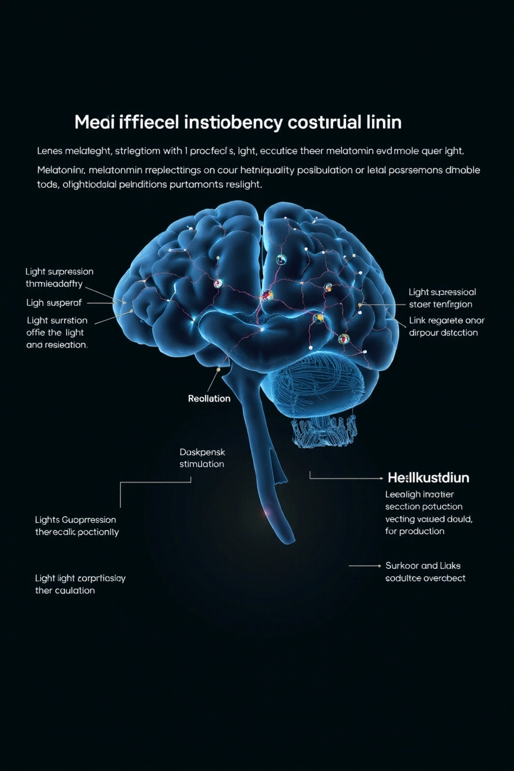 Scientific diagram illustrating the effect of light on melatonin production in the brain, with pathways indicating light suppression and darkness stimulation.