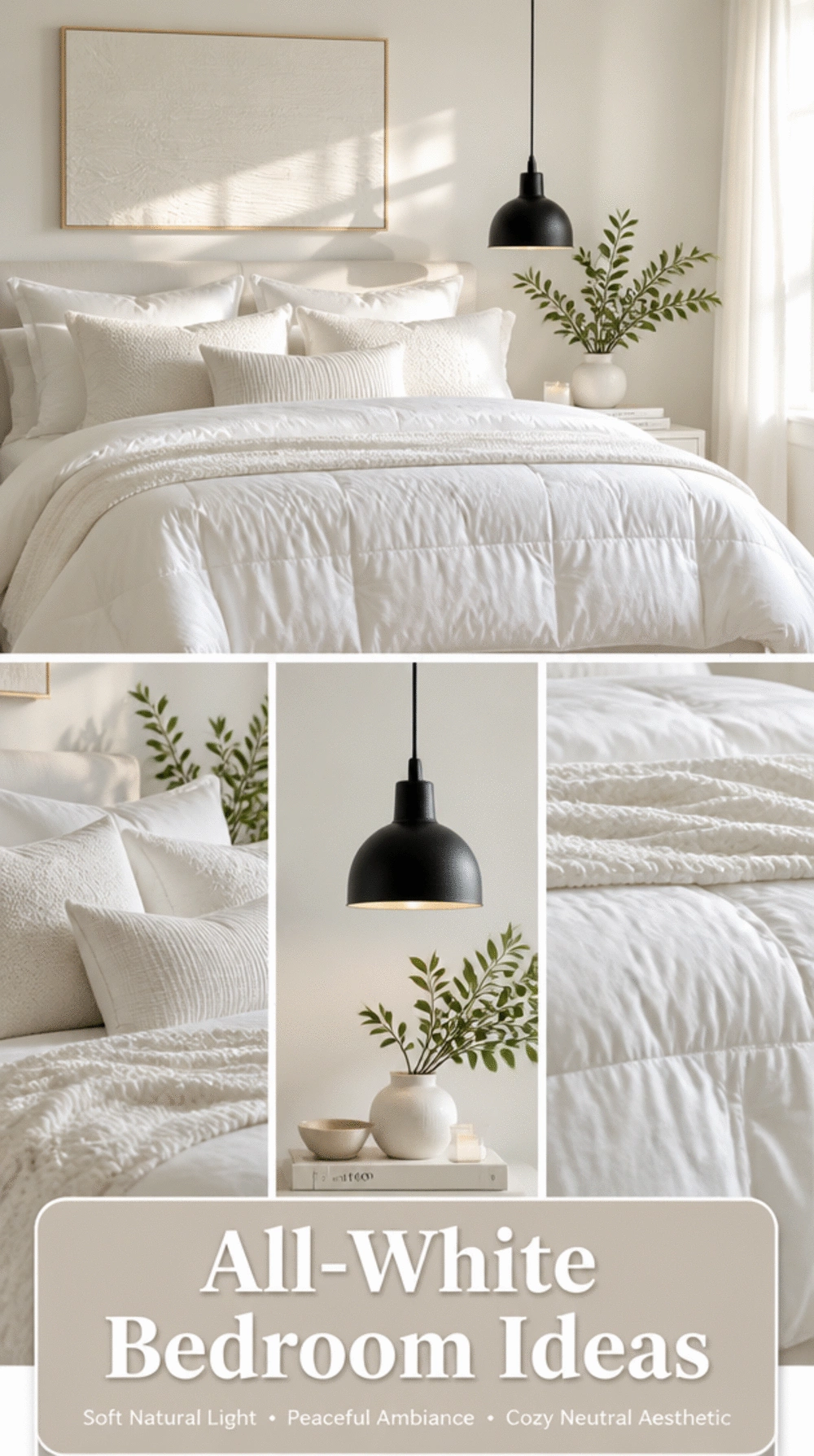 Bedroom All-White Color Scheme with Texture and Warm Lighting Layered In