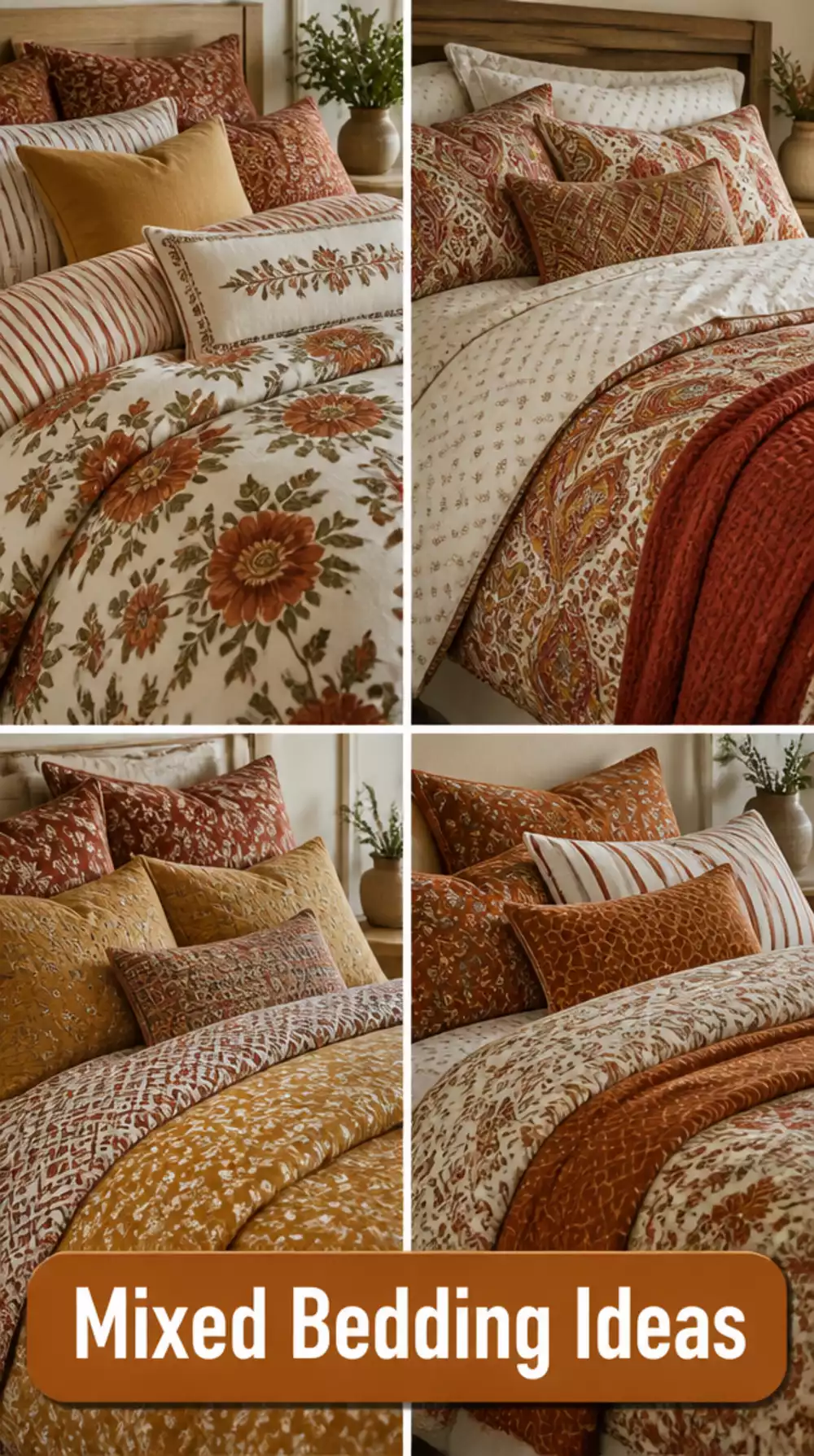 Maximalist Bedroom Mixed Print Bedding Ideas in Warm Tones