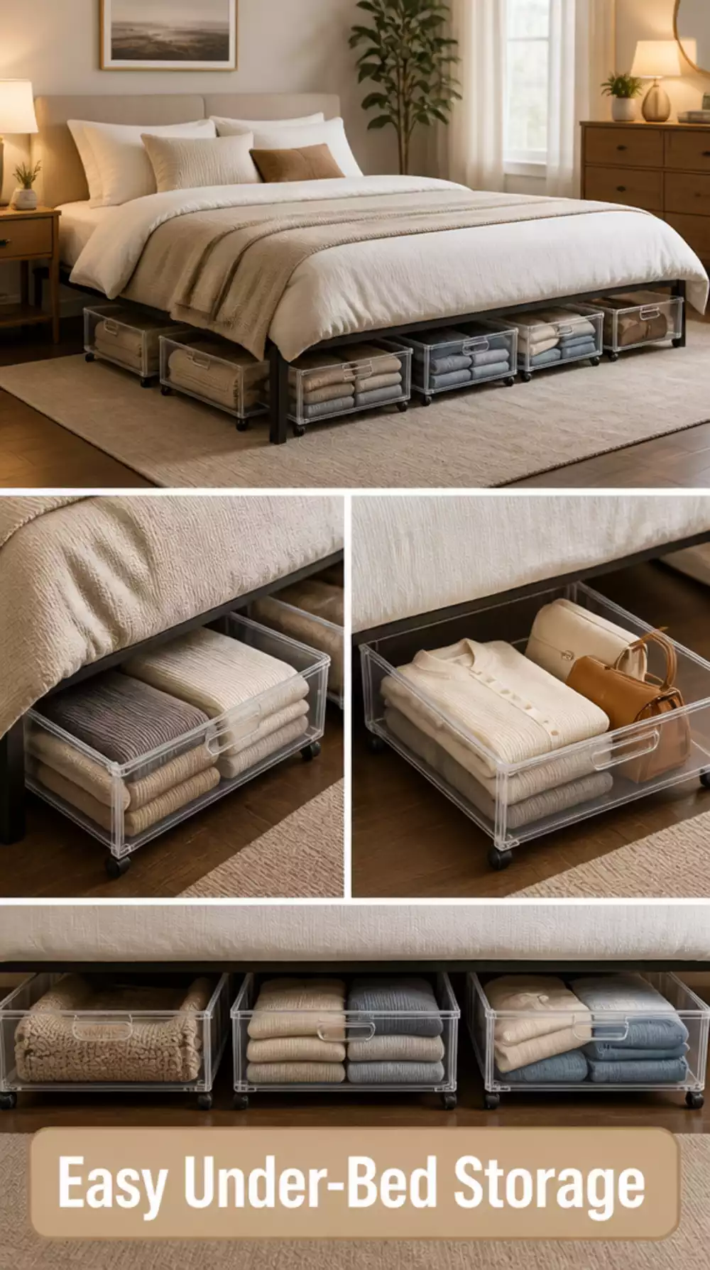 Small Bedroom Under-Bed Rolling Drawer That Slides Out for Easy Access